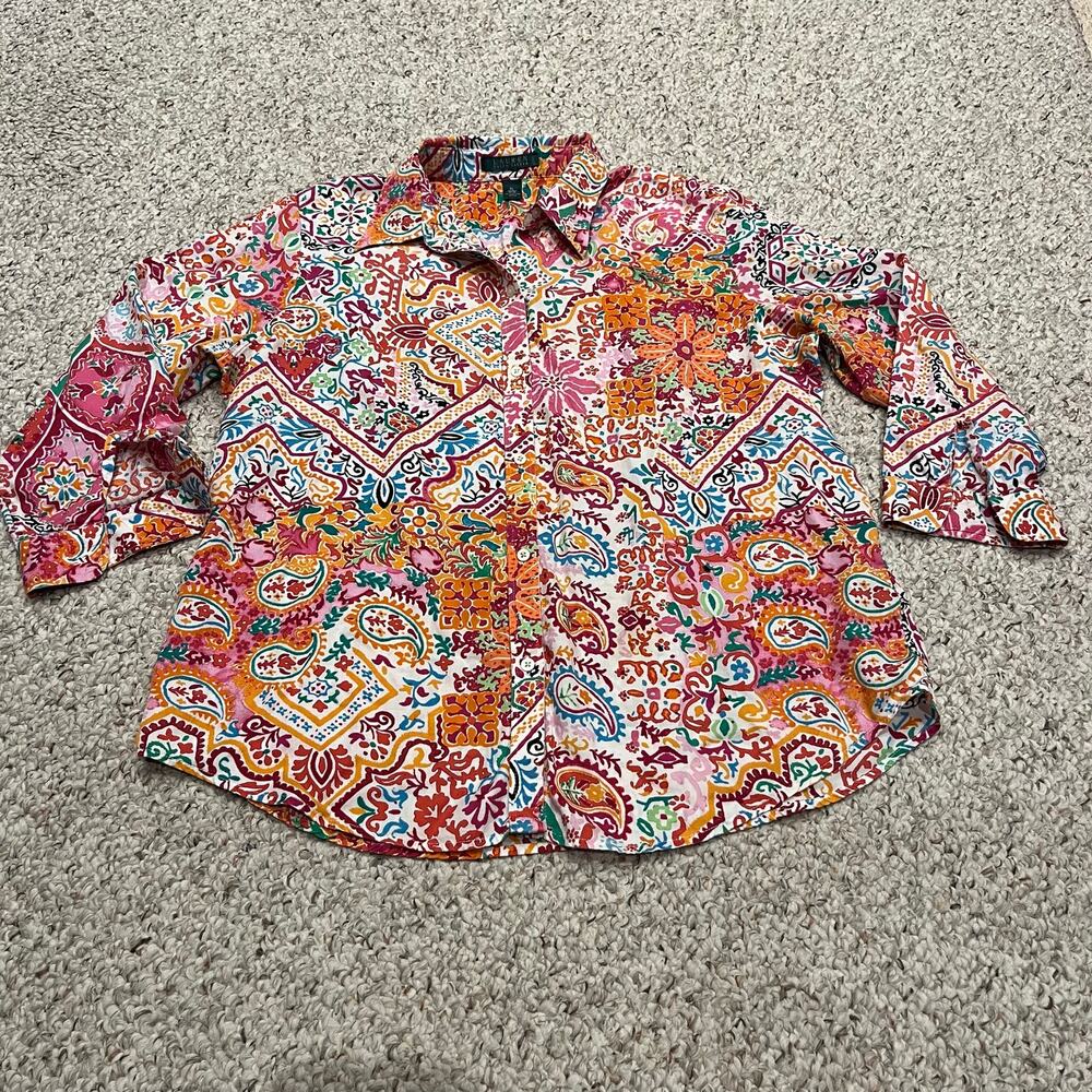 Lauren Ralph Lauren Colorful Button Down Shirt XL 3/4 Sleeve Preppy Casual